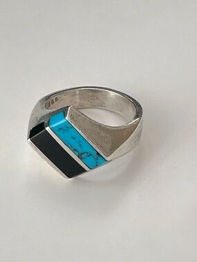 RARE Vintage Taxco Mexico .925 Sterling Silver Turquoise Onyx Inlay Ring TM-90